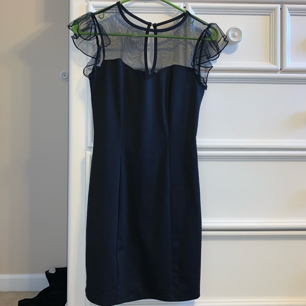 scalloped mesh black dress